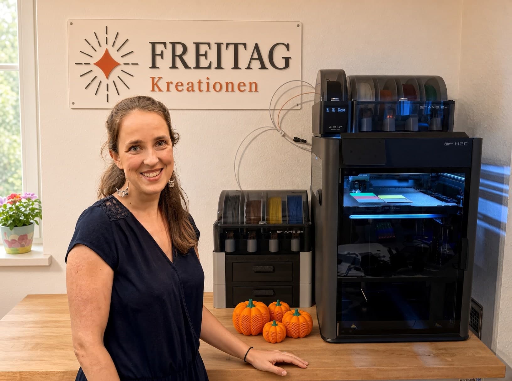 Alina Freitag in ihrer Werkstatt in Steinenbronn, neben dem 3D-Drucker und gedruckten Kürbissen